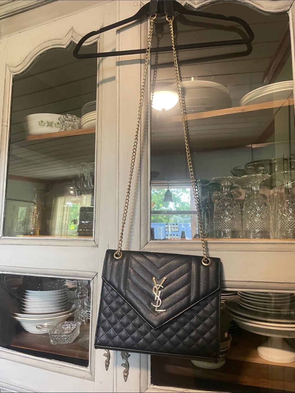Yves Saint Laurent Black Quilted Chevron & Diamond Shoulder Bag with Gold Chain